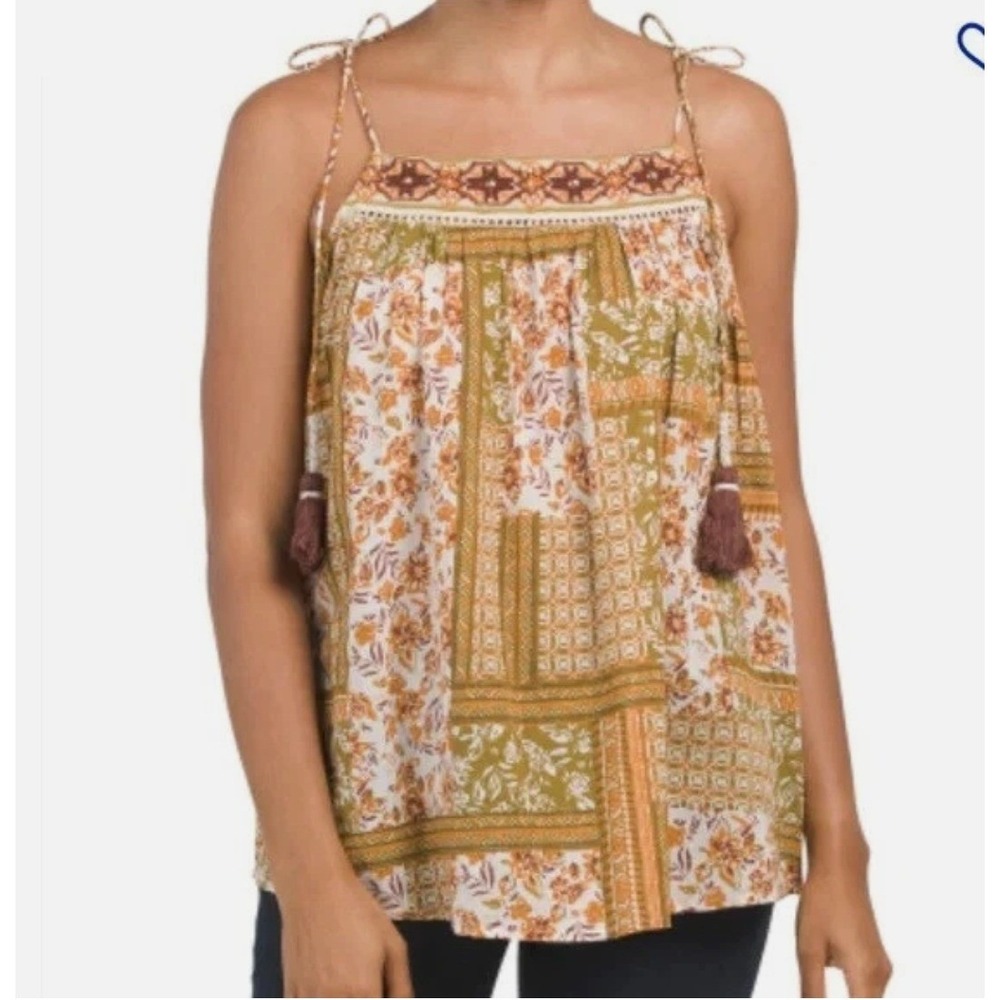 Artelier Nicole Miller Womens Small Boho Floral Patchwork Tassel Tank Top 006082